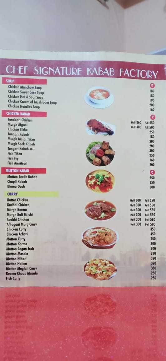 Menu at Chef Signature Kabab Factory, Agra