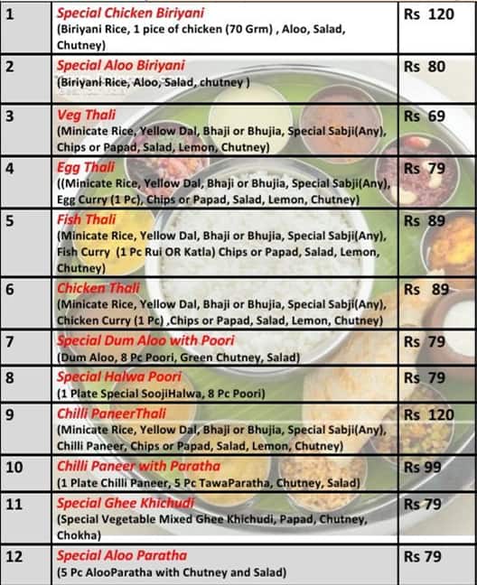 Menu of Food Junctions, Bhatpara, Kolkata