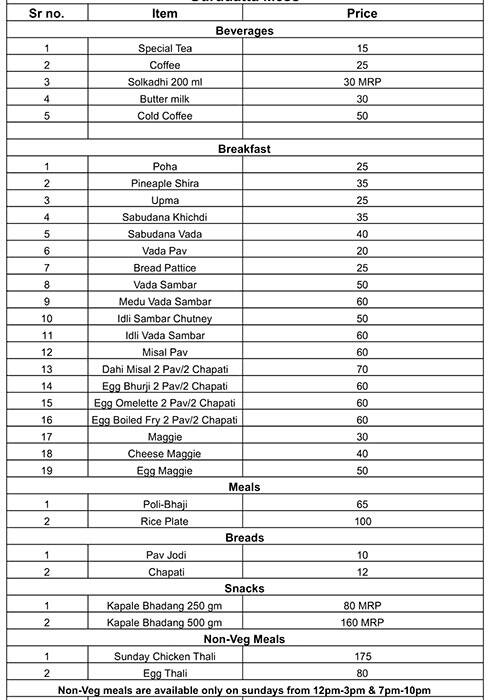 Menu Of Gurudatta Mess, Baner, Pune