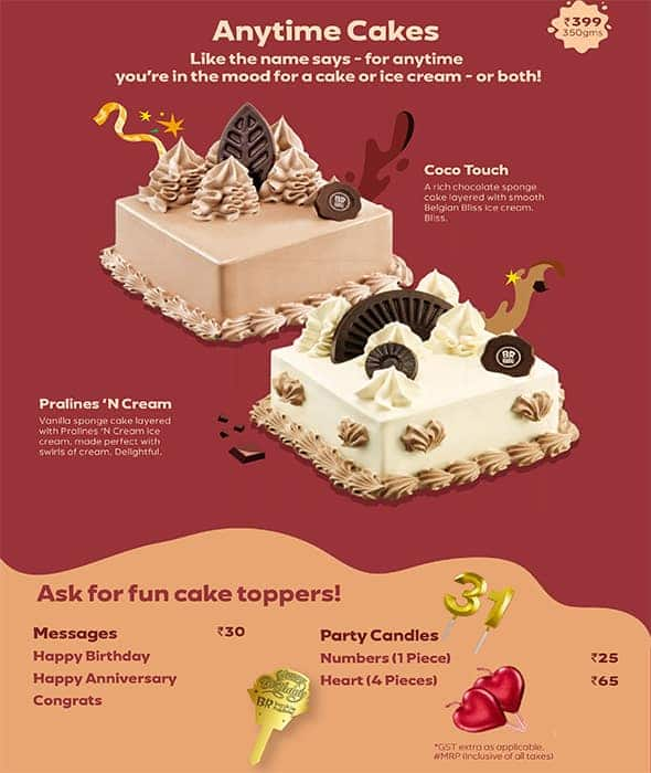 baskin robbins cakes price list