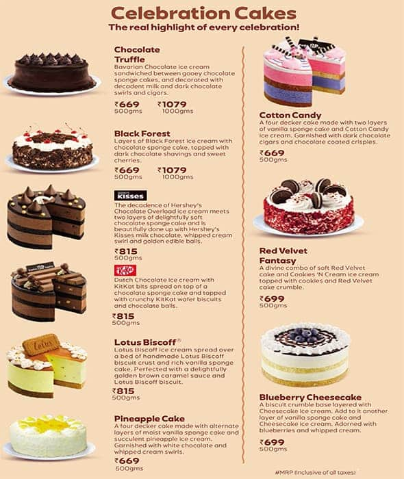 Baskin Robbins Cakes Price List