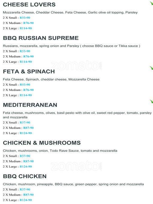 Speisekarte von Scooters Pizza, Pretoria, Shop 8