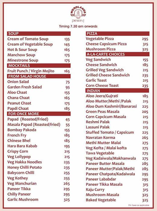 Woodlands Restaurant menu
