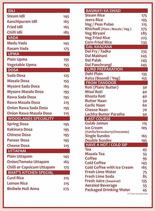 Woodlands Restaurant menu