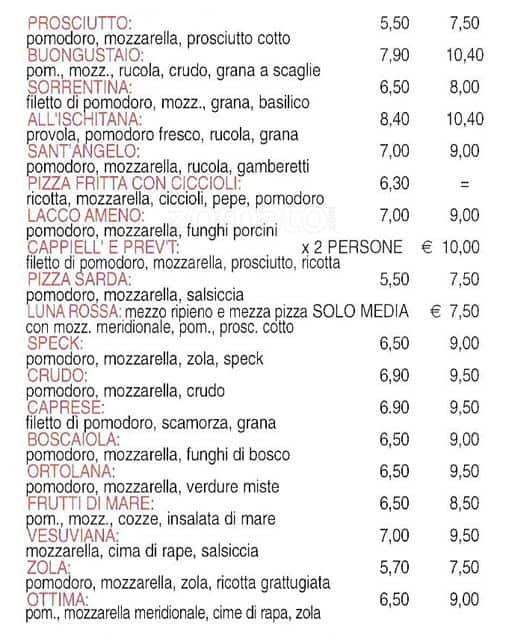 Menu di Pizzeria Ristorante Luna Rossa 