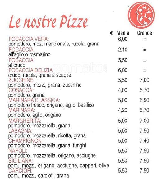 Menu di Pizzeria Ristorante Luna Rossa 