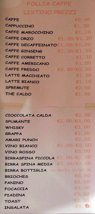 Menu de Follia Caffé