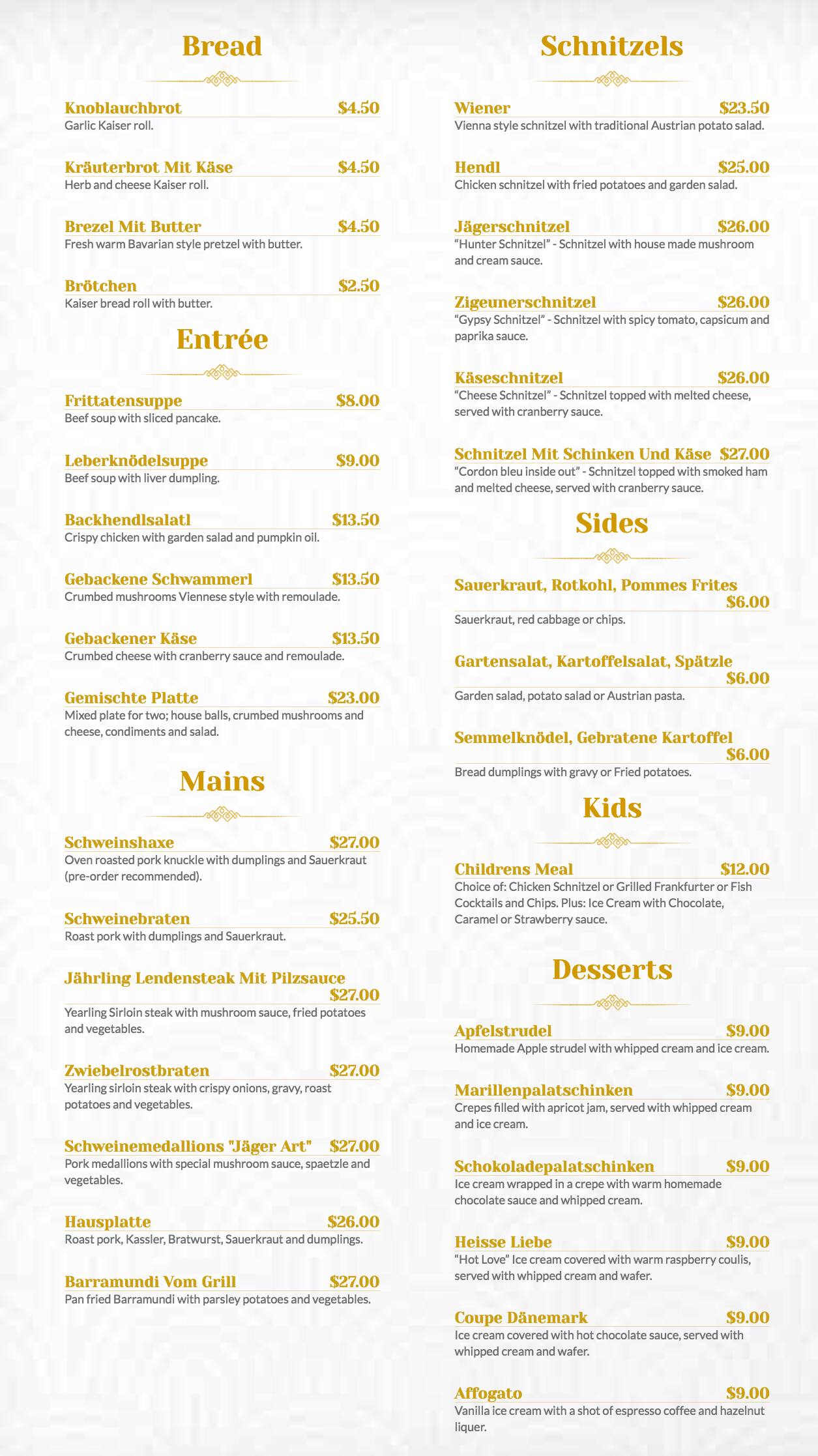 Austrian Club Menu, Menu for Austrian Club, Frenchs Forest, Sydney