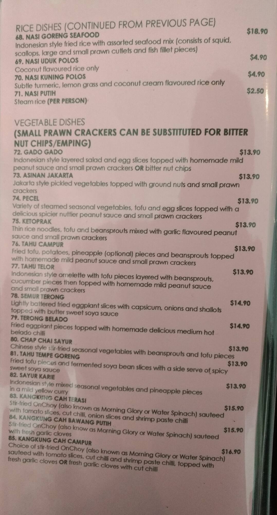 Menu at Java restaurant, Randwick