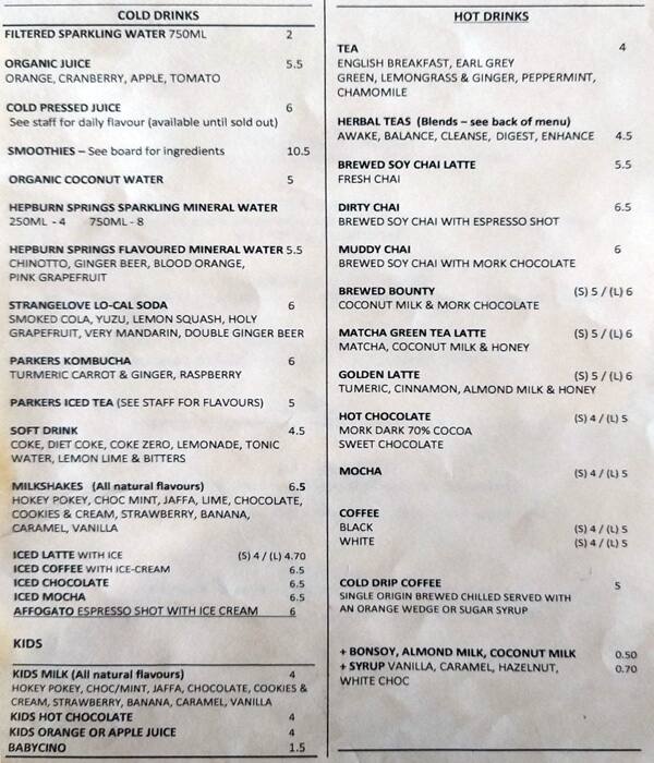 Menu at The Spotted Owl cafe, Sunbury