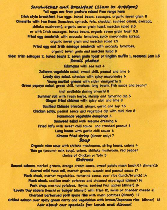 Lovely Day Menu, Menu for Lovely Day, Lower East Side, New York City