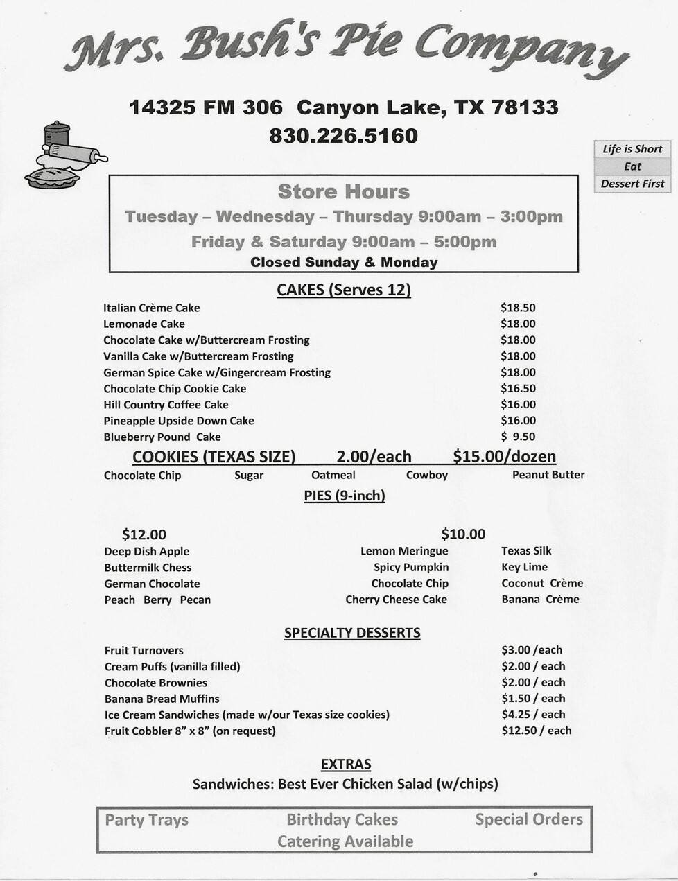 Menu at Mrs Bush's Pie Co restaurant, Canyon Lake