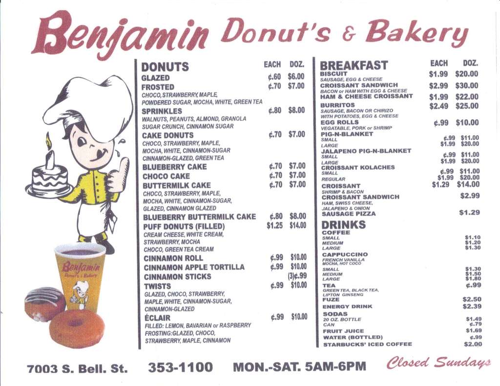 Benjamin Donuts & Bakery Menu Urbanspoon/Zomato