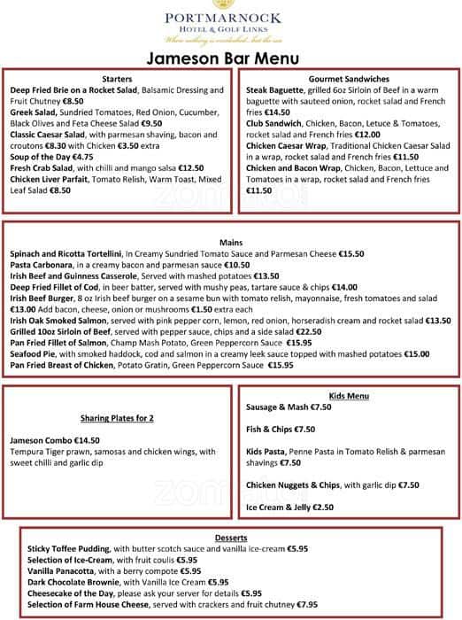 The Jameson Bar Portmarnock Hotel And Golf Links Menu