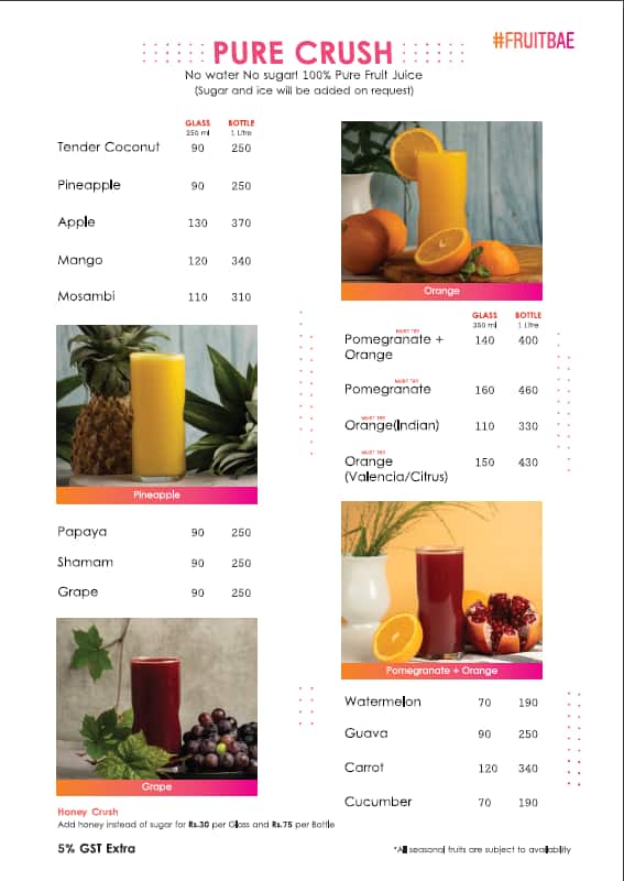 Menu of Fruit Bae, Nungambakkam, Chennai