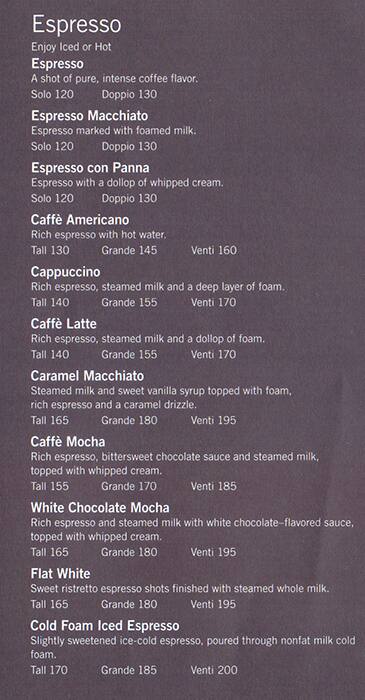 Starbucks Menu Menu For Starbucks Bonifacio Global City Taguig - 