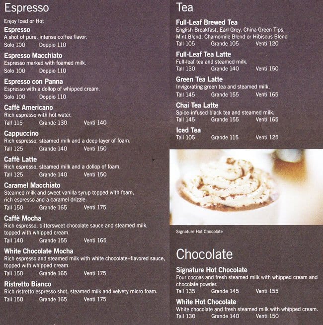 Starbucks Menu, Menu for Starbucks, Bonifacio Global City, Taguig City