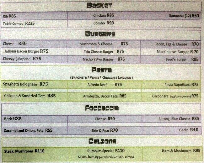 Menu at Rumors Lounge pub & bar, Roodepoort