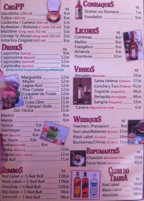 Restaurante Transa cardápio