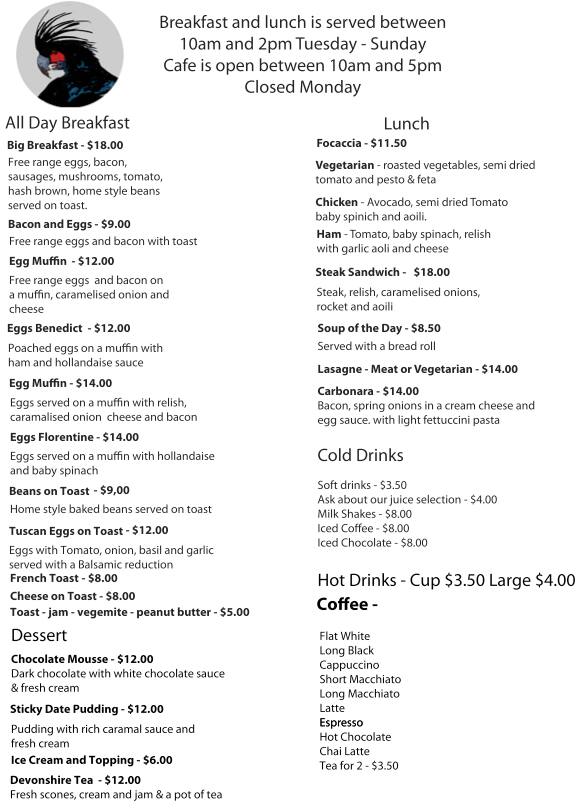 The Black Cockatoo Pizza Cafe a Melbourne Foto del Menu con Prezzi