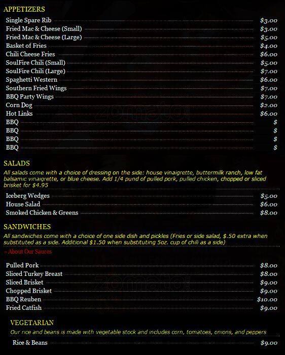 SoulFire BBQ Menu, Menu for SoulFire BBQ, Fenway/Kenmore, Boston