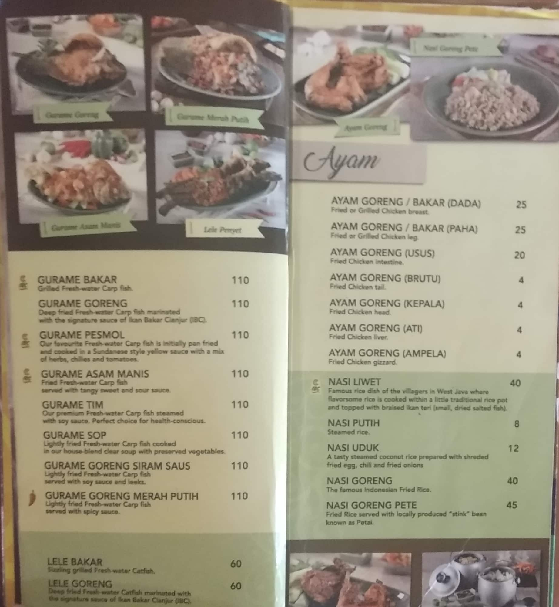 Menu at Ikan Bakar Cianjur restaurant, Denpasar, Jl. Cok Agung Tresna