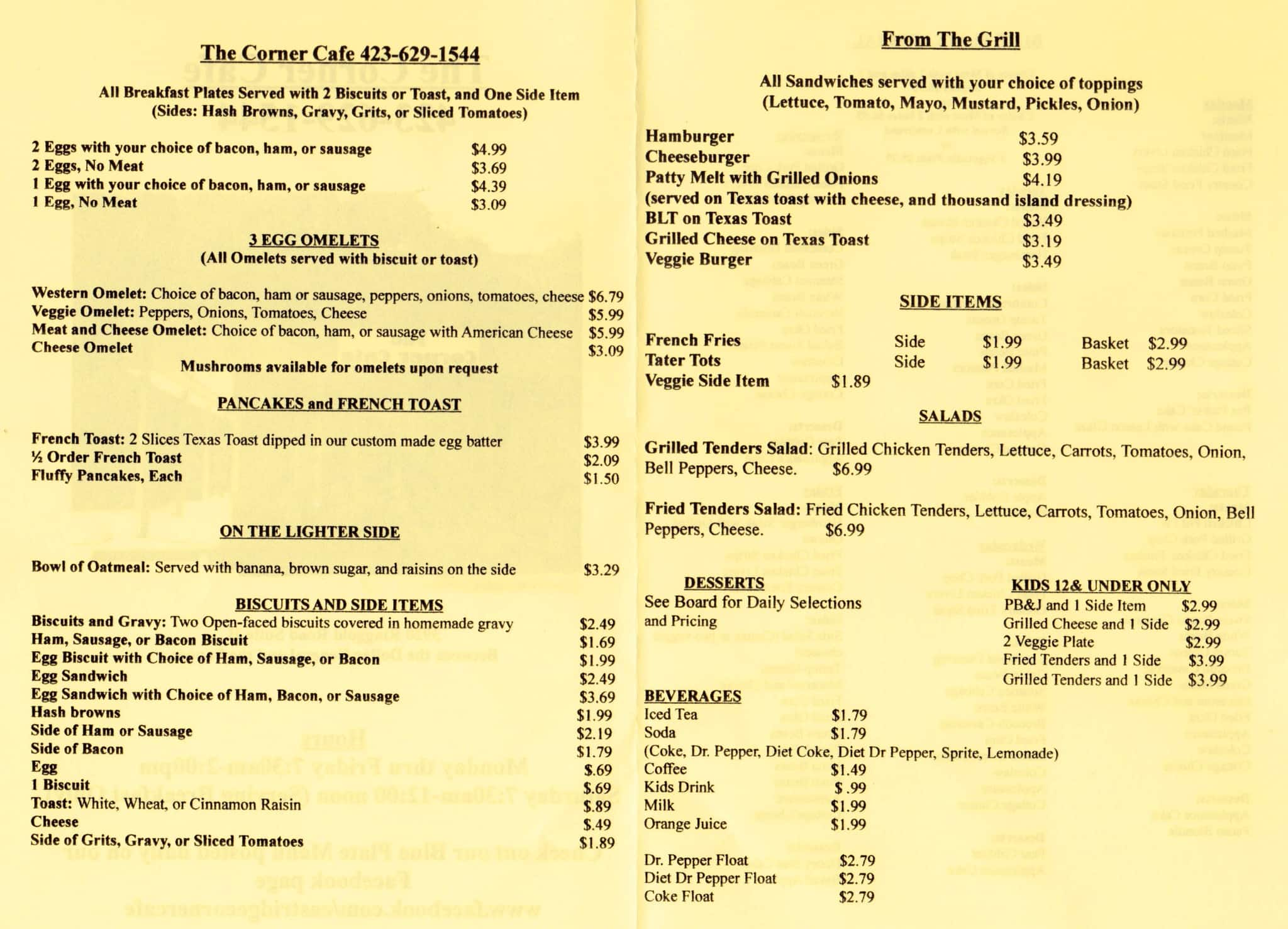 Corner Cafe Menu, Menu for Corner Cafe, East Ridge