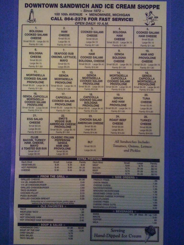Carta del restaurante Downtown Sandwich & Ice Cream, Menominee