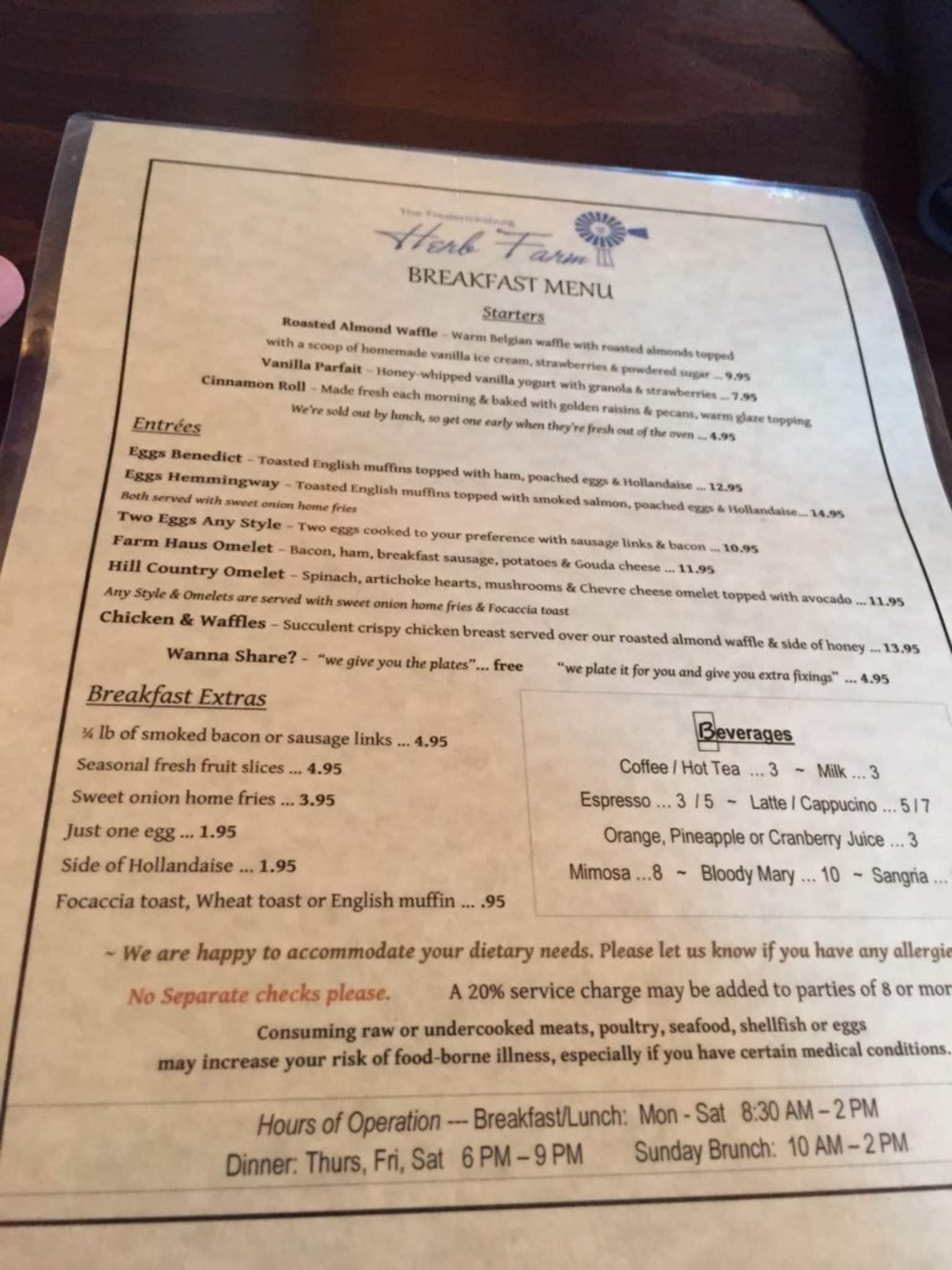 Menu at Fredericksburg Herb Farm restaurant, Fredericksburg