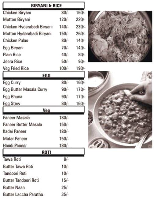 Menu at Indian curry, Kota