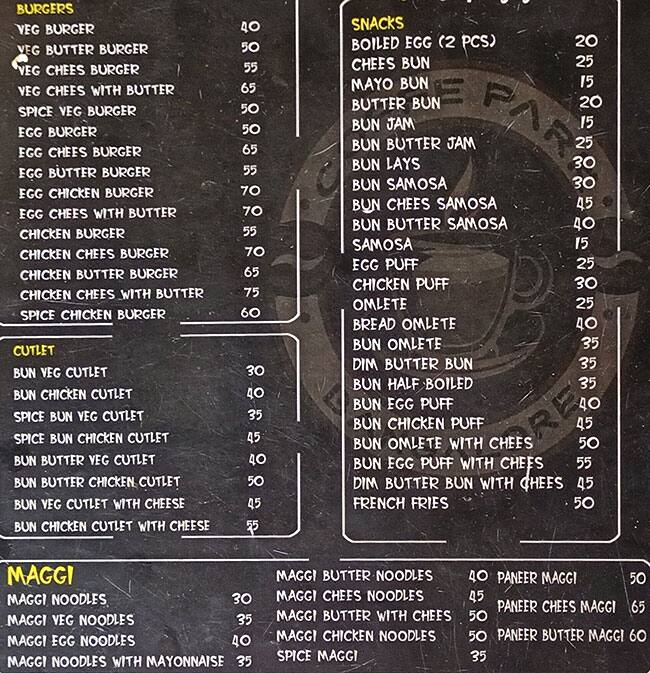 Menu of Coffee Park, Kumaraswamy Layout, Bangalore