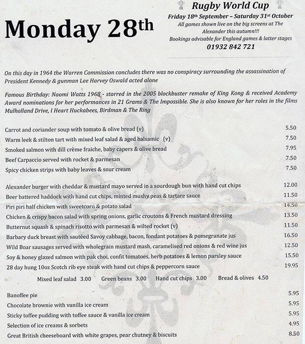 Menu at The Alexander Pub & Kitchen, Weybridge, 139 Oatlands Dr