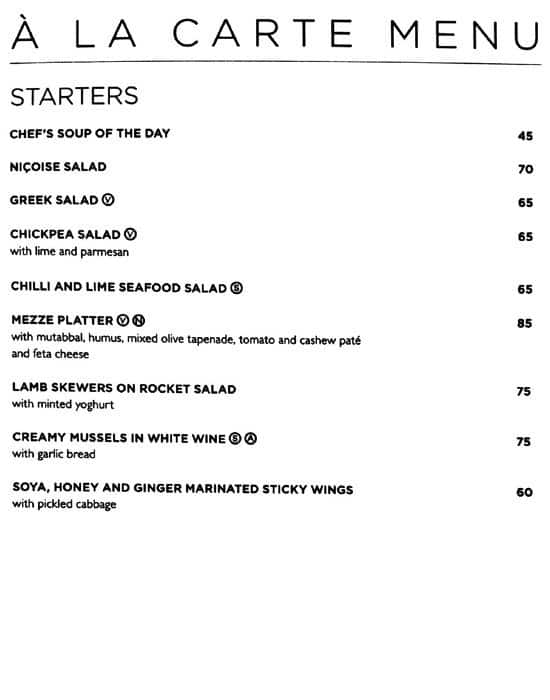 Menu at Point of View restaurant, Cape Town