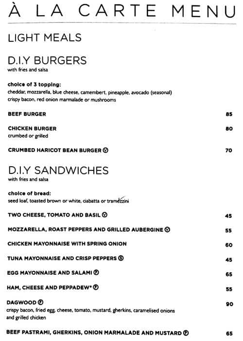 Menu at Point of View restaurant, Cape Town