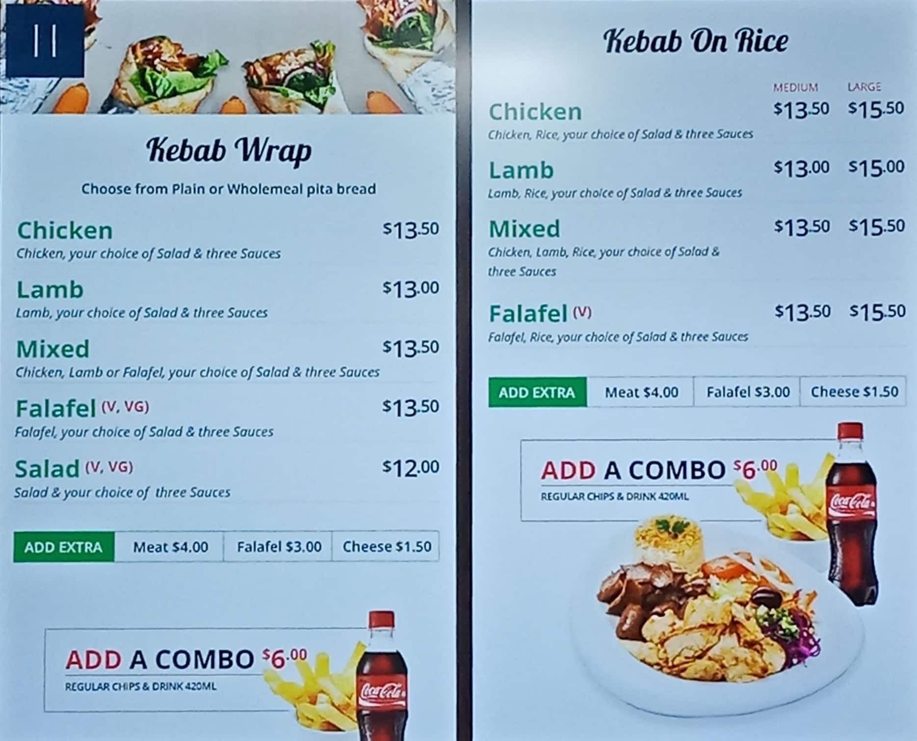Menu at Kebabs On Queen fast food, Auckland, 300A Queen St