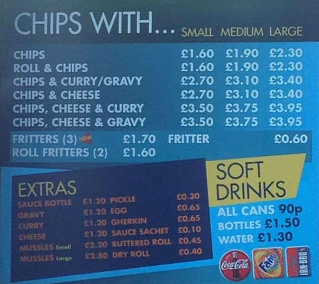 Menu at Blue Lagoon Fish Bar, Glasgow, 299 Sauchiehall St