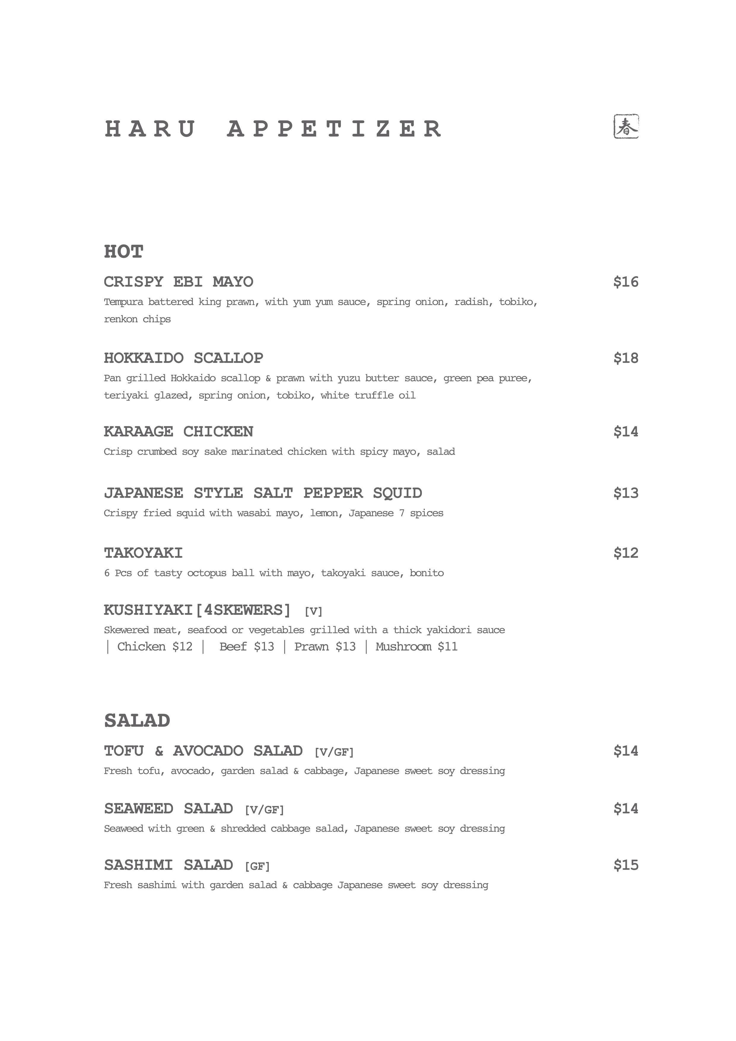 Menu at Haru restaurant, Palmerston North