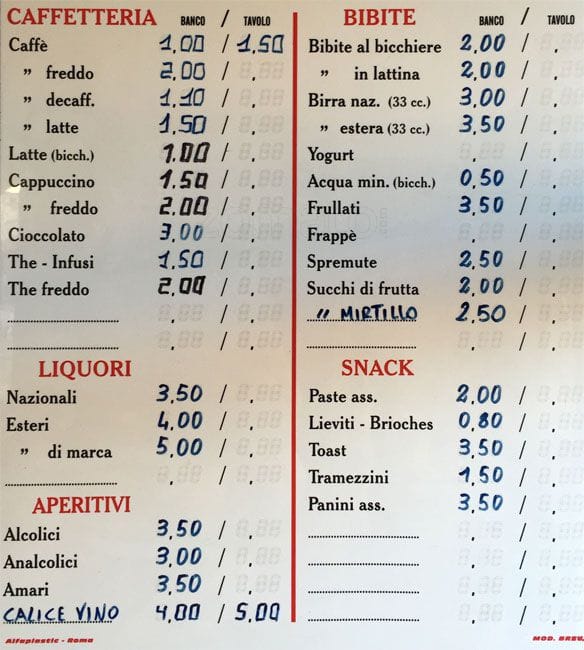 Menu di Snack bar Roma Lazio 