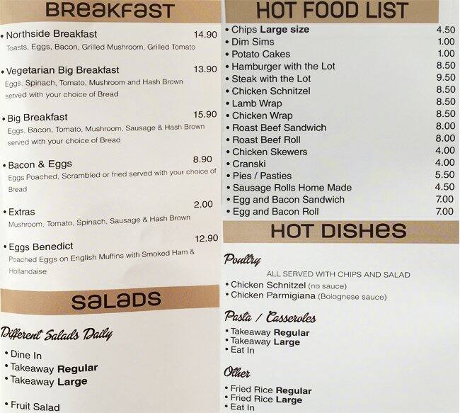 Northside Cafe Menu, Menu for Northside Cafe, Campbellfield, Melbourne