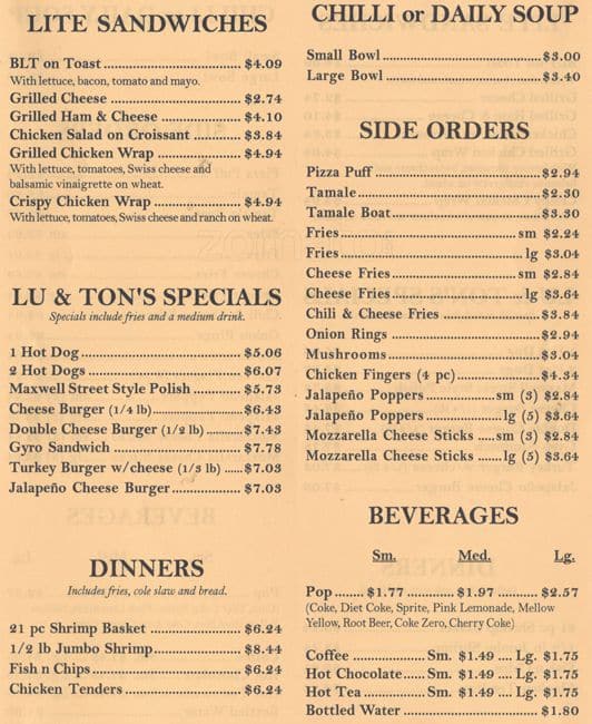 Menu at Lu & Ton's Wieners fast food, Addison, 111 S Lombard Rd