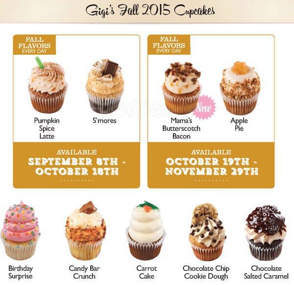Gigi cupcake menu Incomplete Menu; Out of Date Menu; Incorrect Contact Information; Other. Successfully reported! Cancel. Gigi's Cupcakes. Call Menu Info. E Southlake Blvd Southlake, TX Uber. MORE PHOTOS. Menu Cupcakes Decadent chocolate cheesecake topped with cherries and a rim of Gigi's famous buttercream frosting for a delicious twist on a.