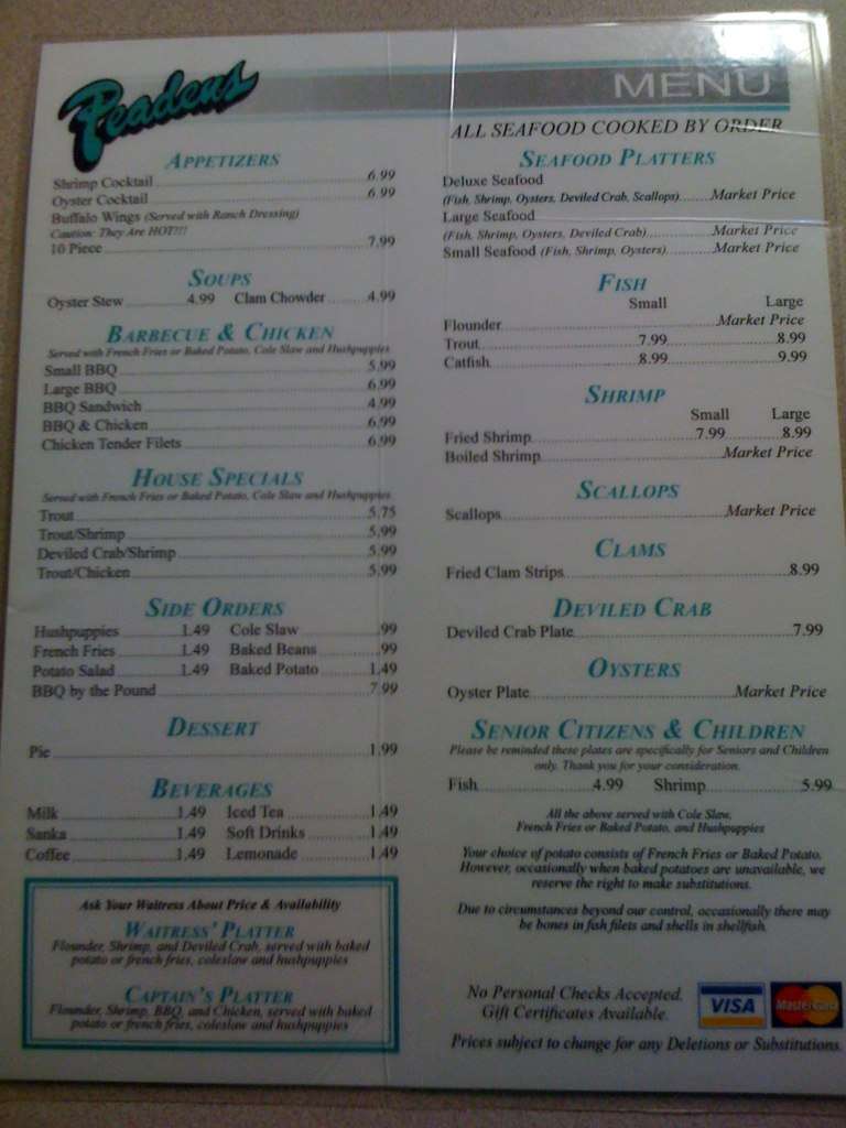 Menu at Peaden's Seafood & Catering restaurant, Fayetteville