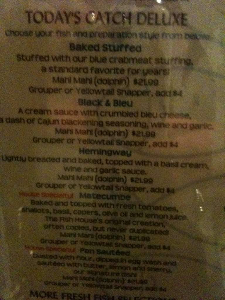 Menu at The Fish House pub & bar, Key Largo