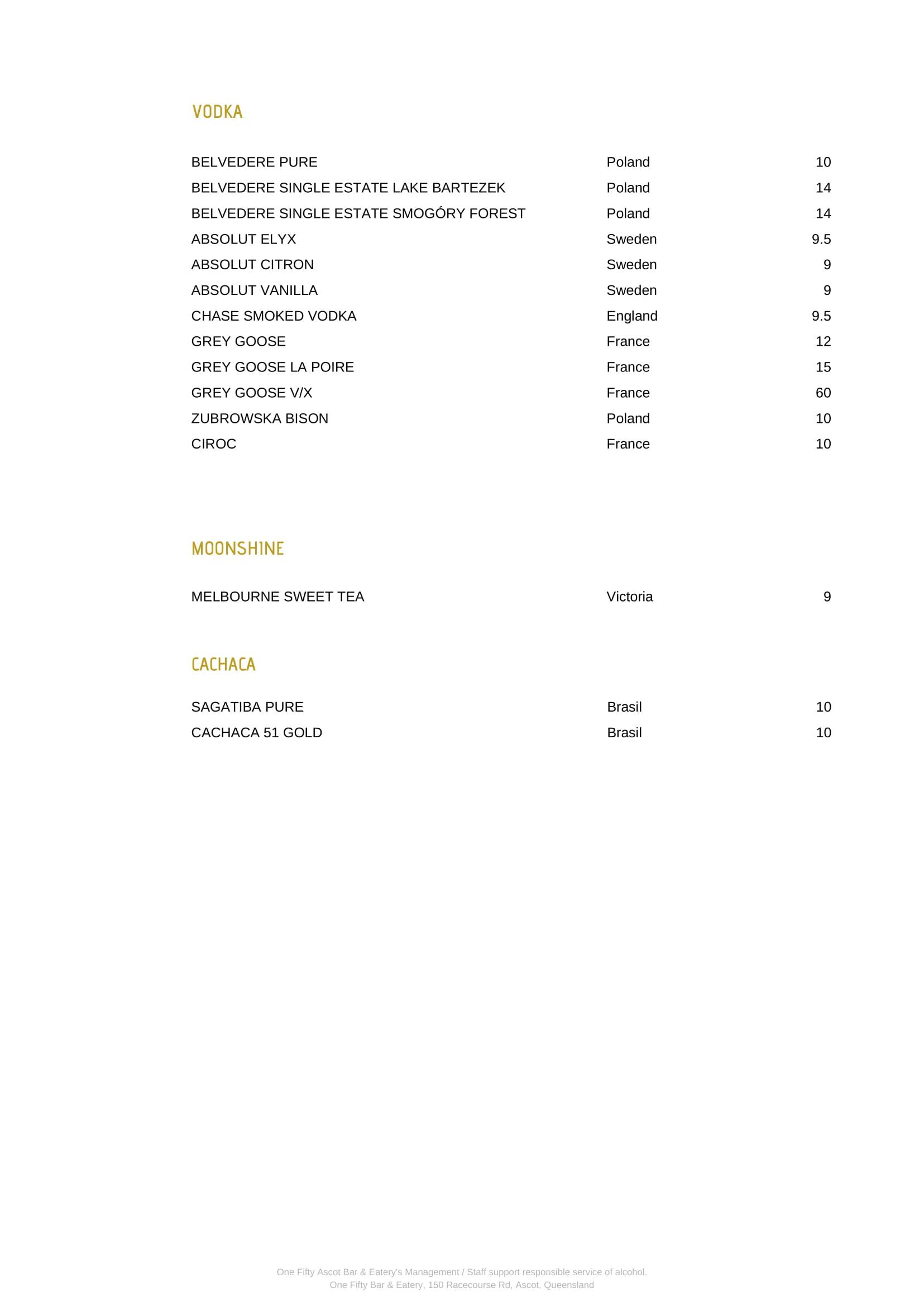 One Fifty menu