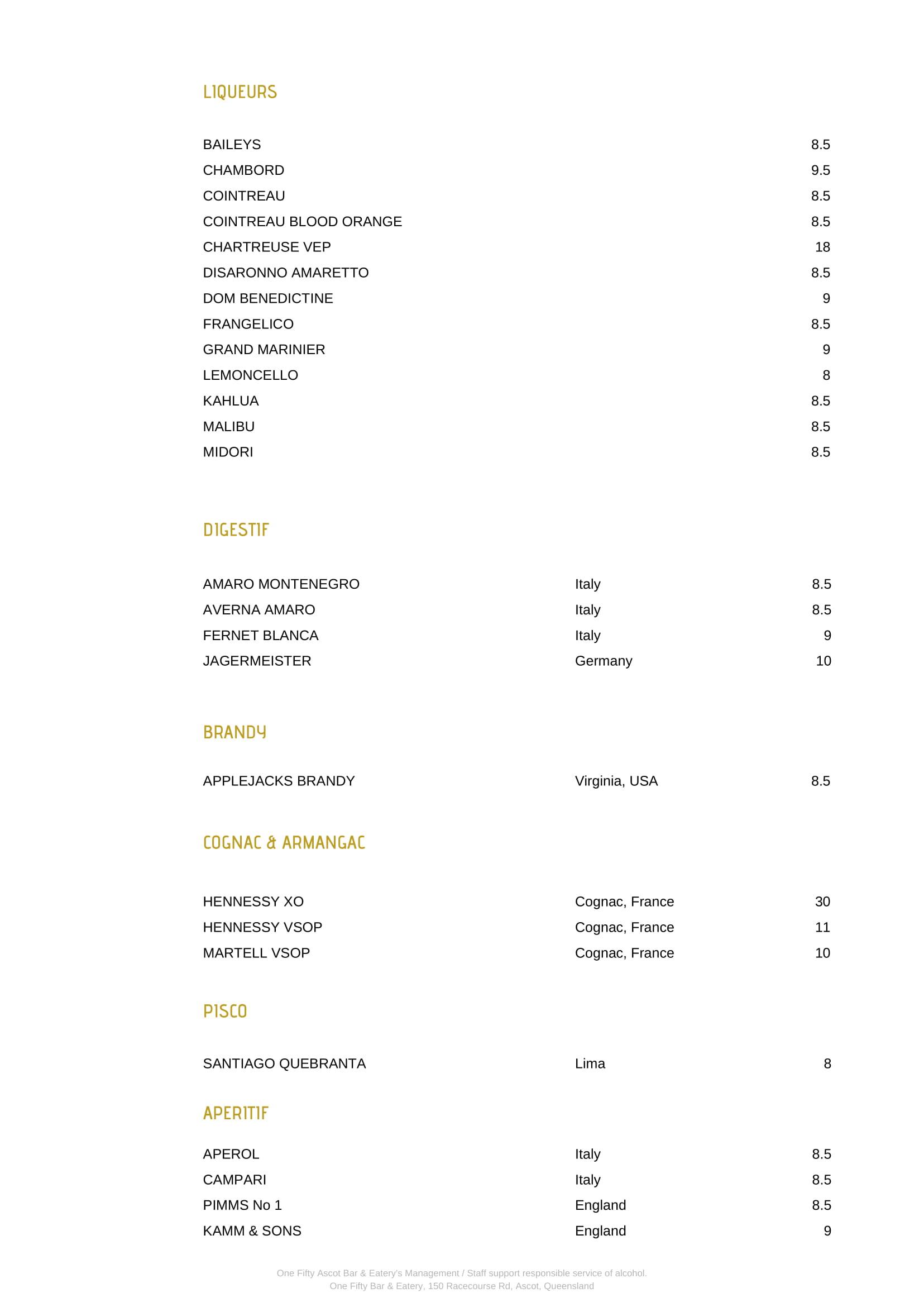 One Fifty menu