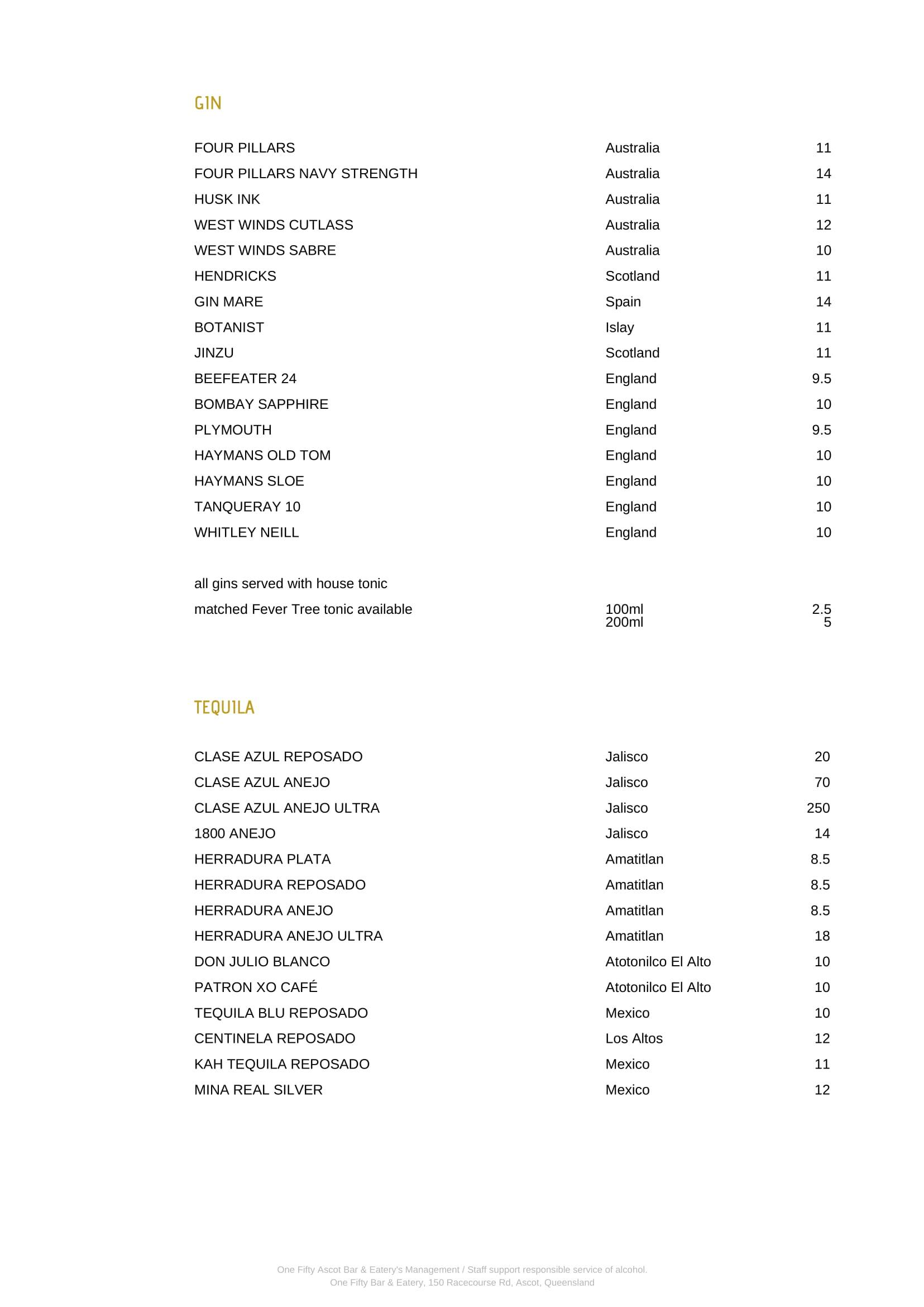 One Fifty menu