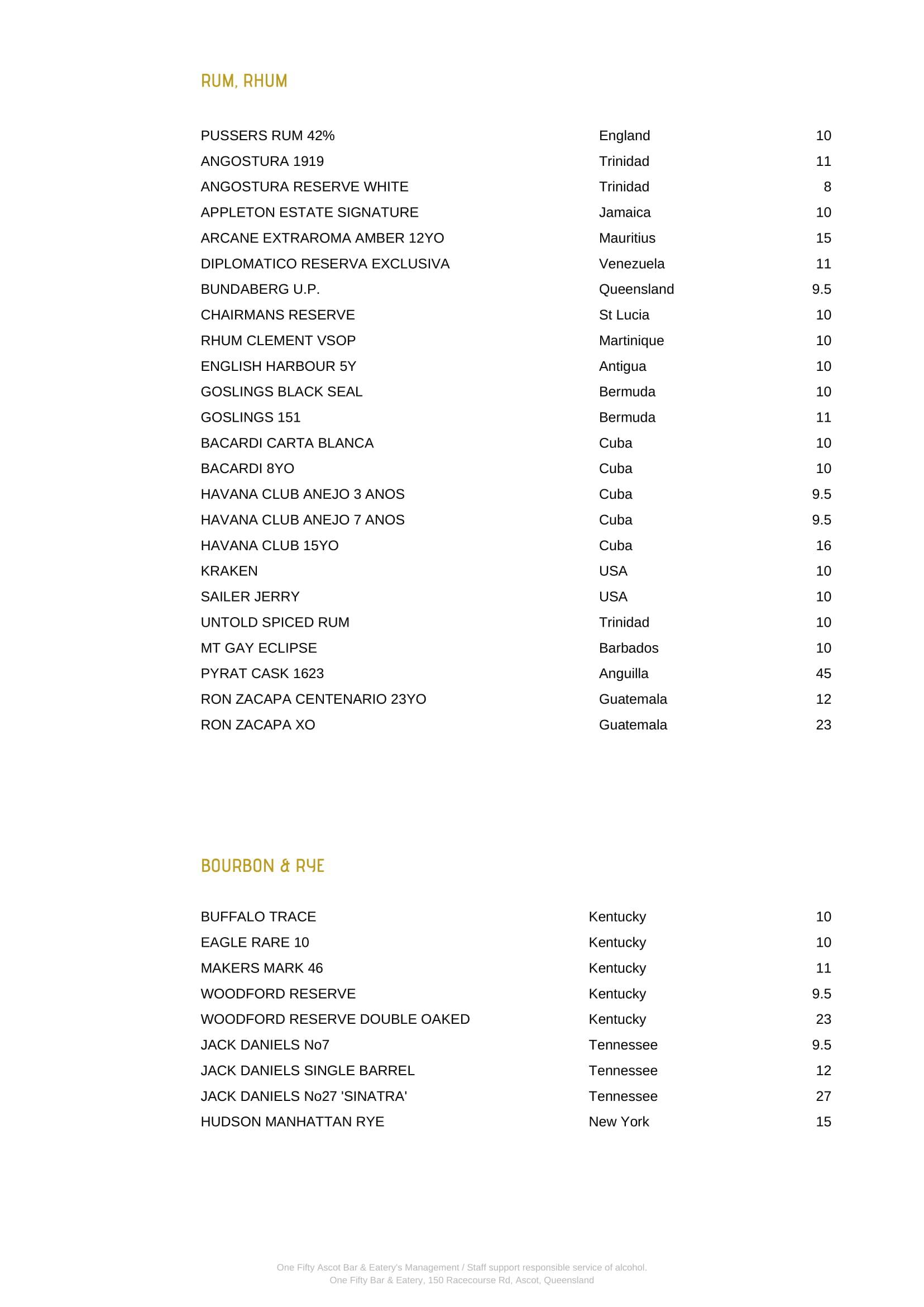 One Fifty menu