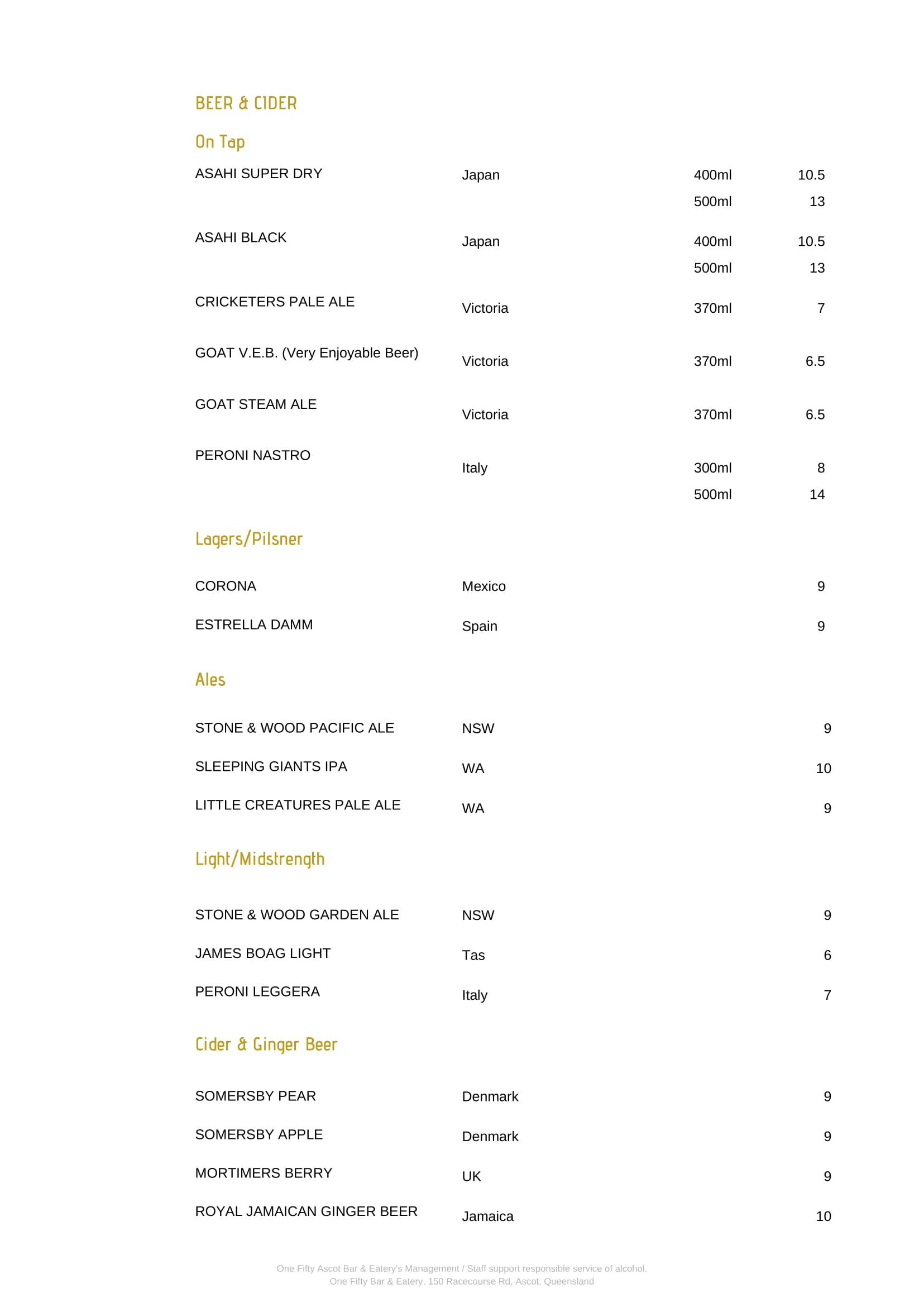 One Fifty menu