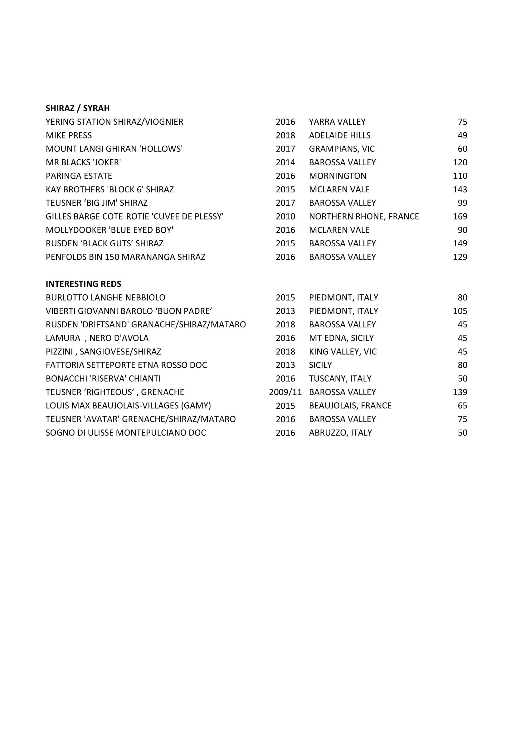 One Fifty menu