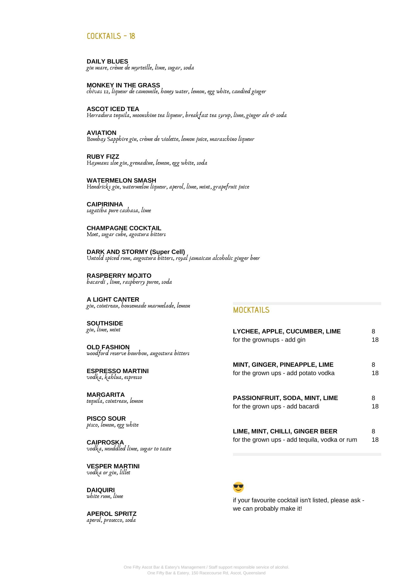 One Fifty menu